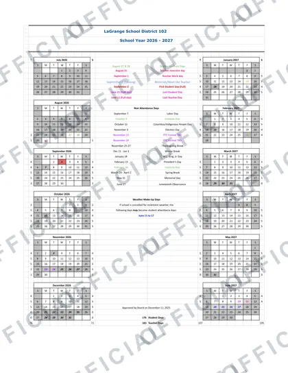 LaGrange School District 102 2026-27 calendar