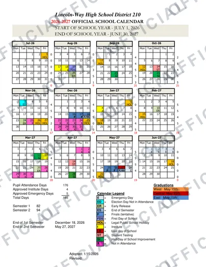 Lincoln-Way High School District 210 2026-27 calendar