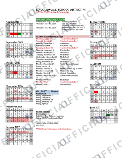 Lincolnwood School District 74 2026-27 calendar