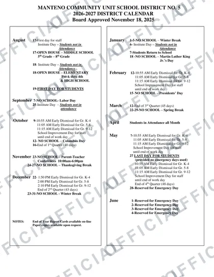 Manteno Community Unit School District No. 5 2026-27 calendar