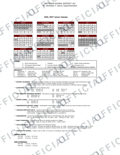 MATTESON SCHOOL DISTRICT 162 2026-27 calendar