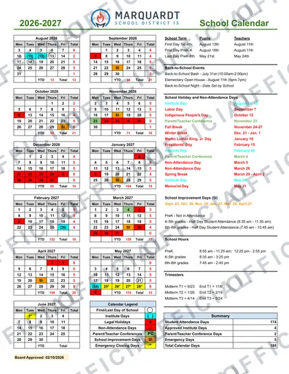 Mattoon CUSD#2 School 2026-27 calendar