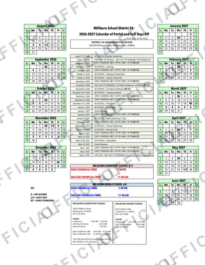 Millburn School District 24 2026-27 calendar