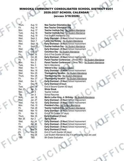 Minooka CCSD201 2026-27 calendar