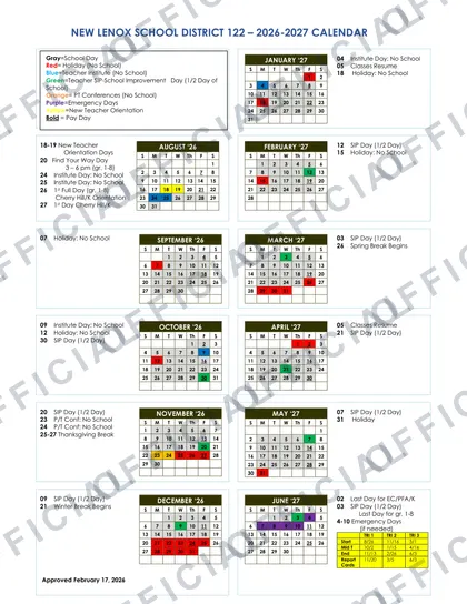 New Lenox School District NLSD 122 2026-27 calendar