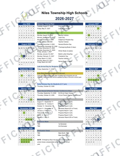 Niles Township High Schools 2026-27 calendar
