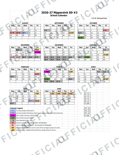 Nippersink SD #2 2026-27 calendar