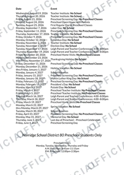 Norridge School District 80 Preschool Students Only 2026-27 calendar