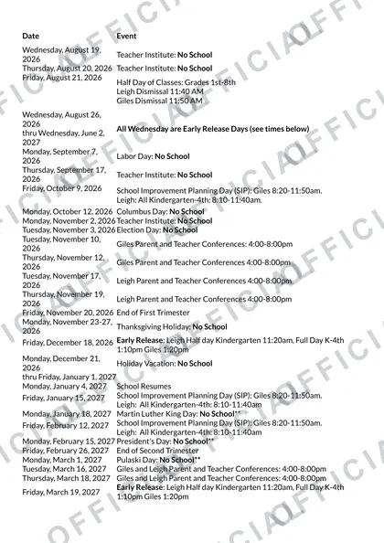 North School District 80 2026-27 calendar
