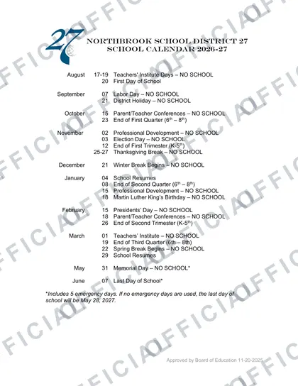Northbrook School District 27 2026-27 calendar