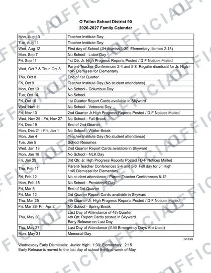 O'Fallon School District OF90 2026-27 calendar