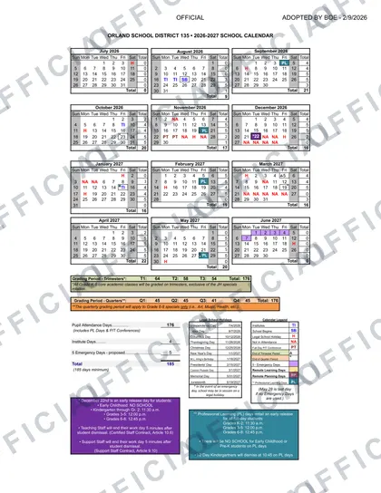 Orland School District 135 2026-27 calendar