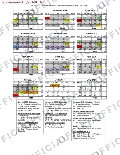 Ottawa Elementary School District 141 2026-27 calendar