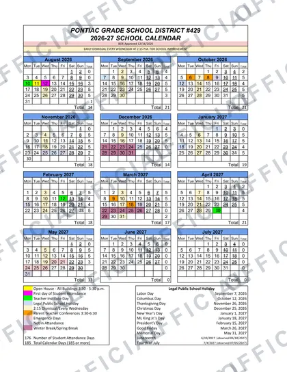 Pontiac Grade School District #429 2026-27 calendar