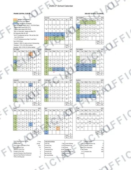 PRAIRIE CENTRAL CUSD #8 2026-27 calendar