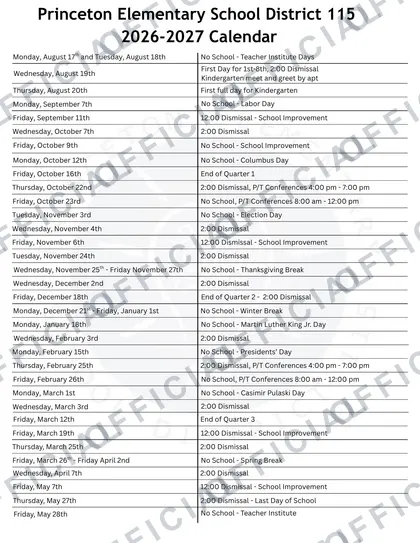 Princeton Elementary School District 115 2026-27 calendar