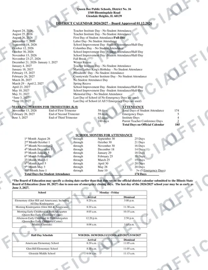 Queen Bee Public Schools, District No. 16 2026-27 calendar