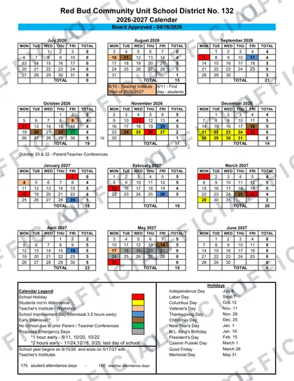 Red Bud Community Unit School District No. 132 2026-27 calendar