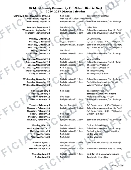Richland County Community Unit School District No.1 2026-27 calendar