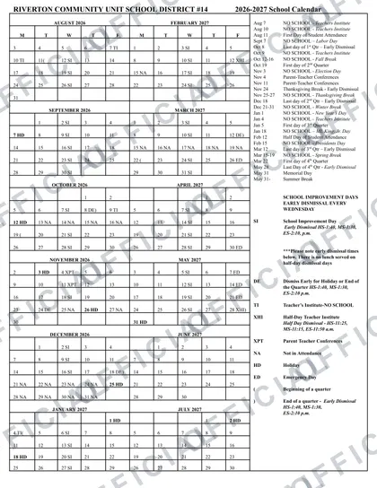 RIVERTON COMMUNITY UNIT SCHOOL DISTRICT #14 2026-27 calendar