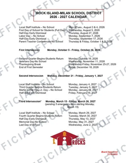 ROCK ISLAND-MILAN SCHOOL DISTRICT 2026-27 calendar