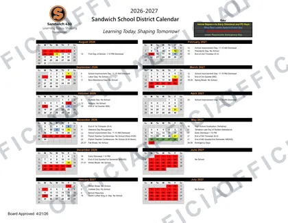 Sandwich School District 2026-27 calendar