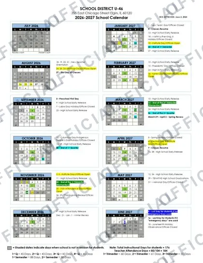 SCHOOL DISTRICT U-46 2026-27 calendar