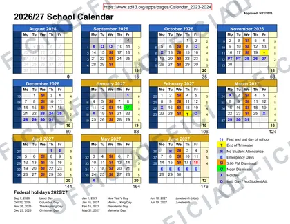 SD13 2026-27 calendar