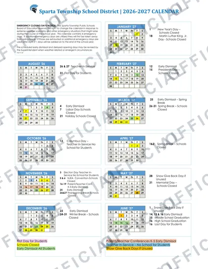 Sparta Township School District 2026-27 calendar