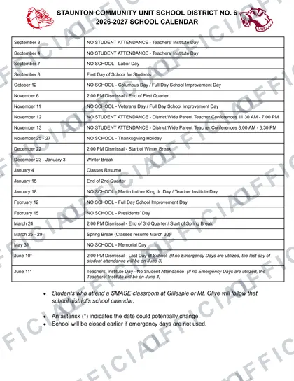 STAUNTON COMMUNITY UNIT SCHOOL DISTRICT NO. 6 2026-27 calendar