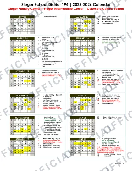 Steger School District 194 25-26 2026-27 calendar