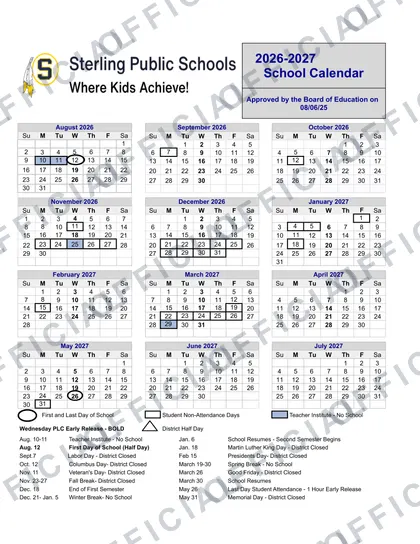 Sterling Public Schools 2026-27 calendar