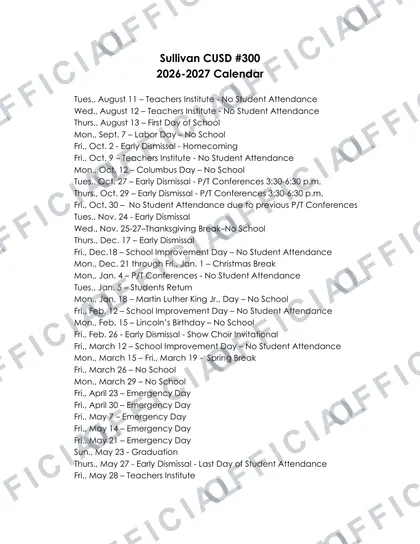 Sullivan CUSD #300 2026-27 calendar