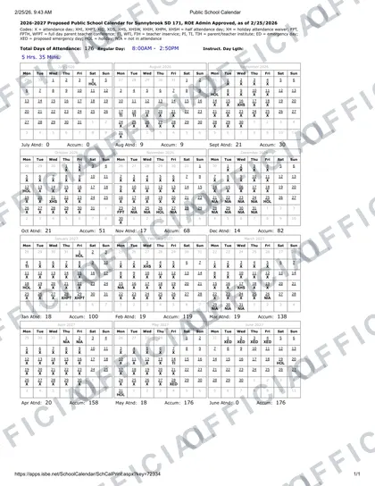 Sunnybrook SD 171 2026-27 calendar