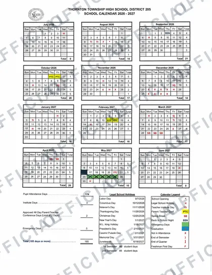 Thornton Township High School District D205 2026-27 calendar