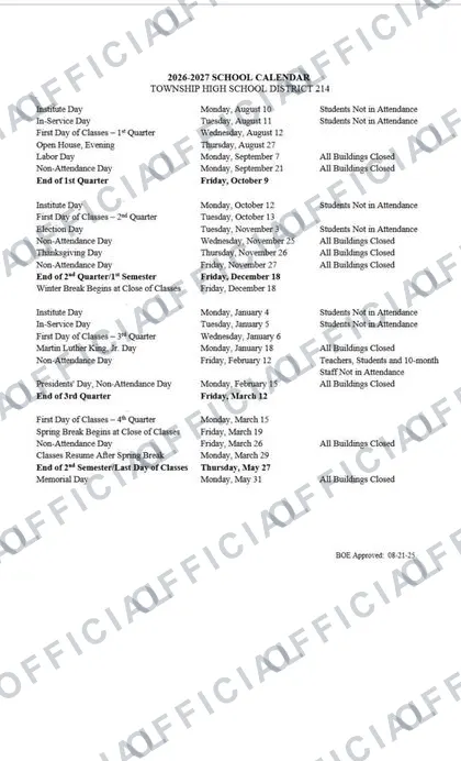 TOWNSHIP HIGH SCHOOL DISTRICT D214 2026-27 calendar