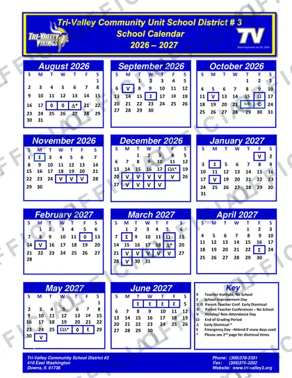Tri-Valley Community Unit School District #3 2026-27 calendar