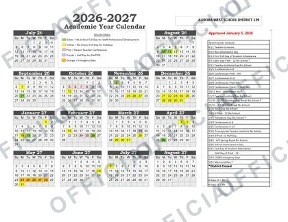 WEST AURORA SCHOOL DISTRICT SD129 2026-27 calendar