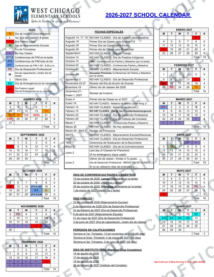 West Chicago Elementary Schools 2026-27 calendar