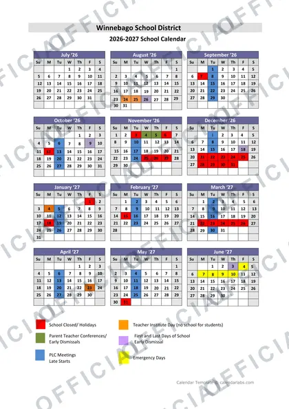 Winnebago School District 2026-27 calendar