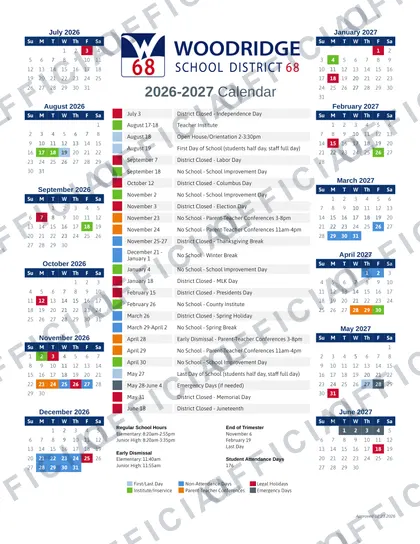 Woodridge School District 68 2026-27 calendar