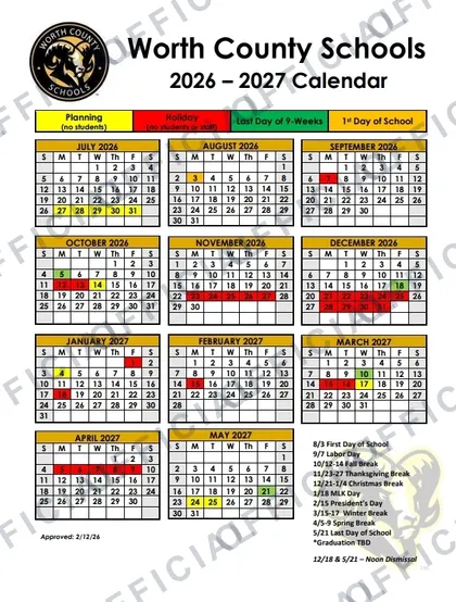 Worth County Schools 2026-27 calendar