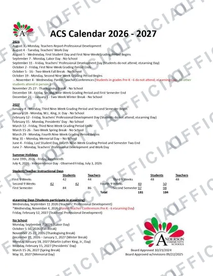Anderson Community Schools 2026-27 calendar