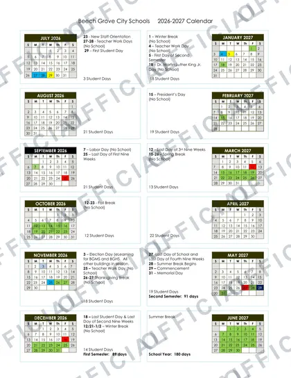 Beech Grove City Schools 2026-27 calendar