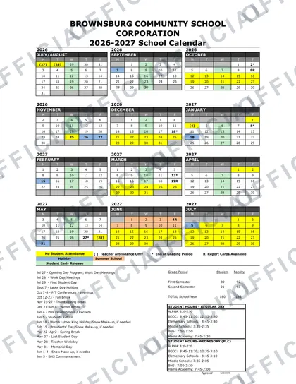 Brownsburg Community School Corporation 2026-27 calendar
