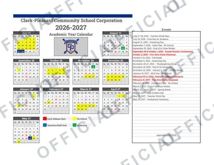 Clark-Pleasant Community School 2026-27 calendar