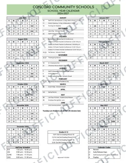 Concord Community Schools 2026-27 calendar