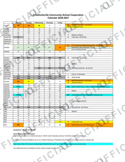 Crawfordsville Community School Corporation 2026-27 calendar