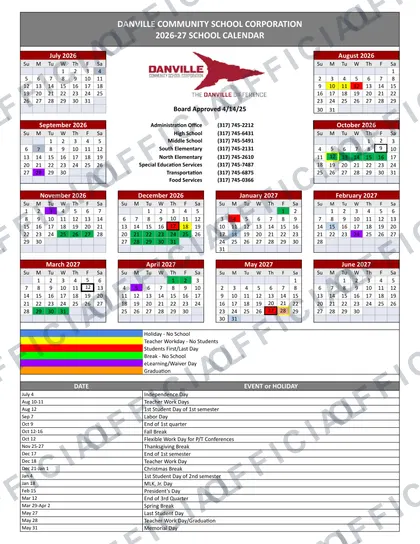 Danville Community School Corporation 2026-27 calendar