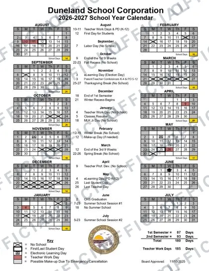 Duneland School Corporation 2026-27 calendar